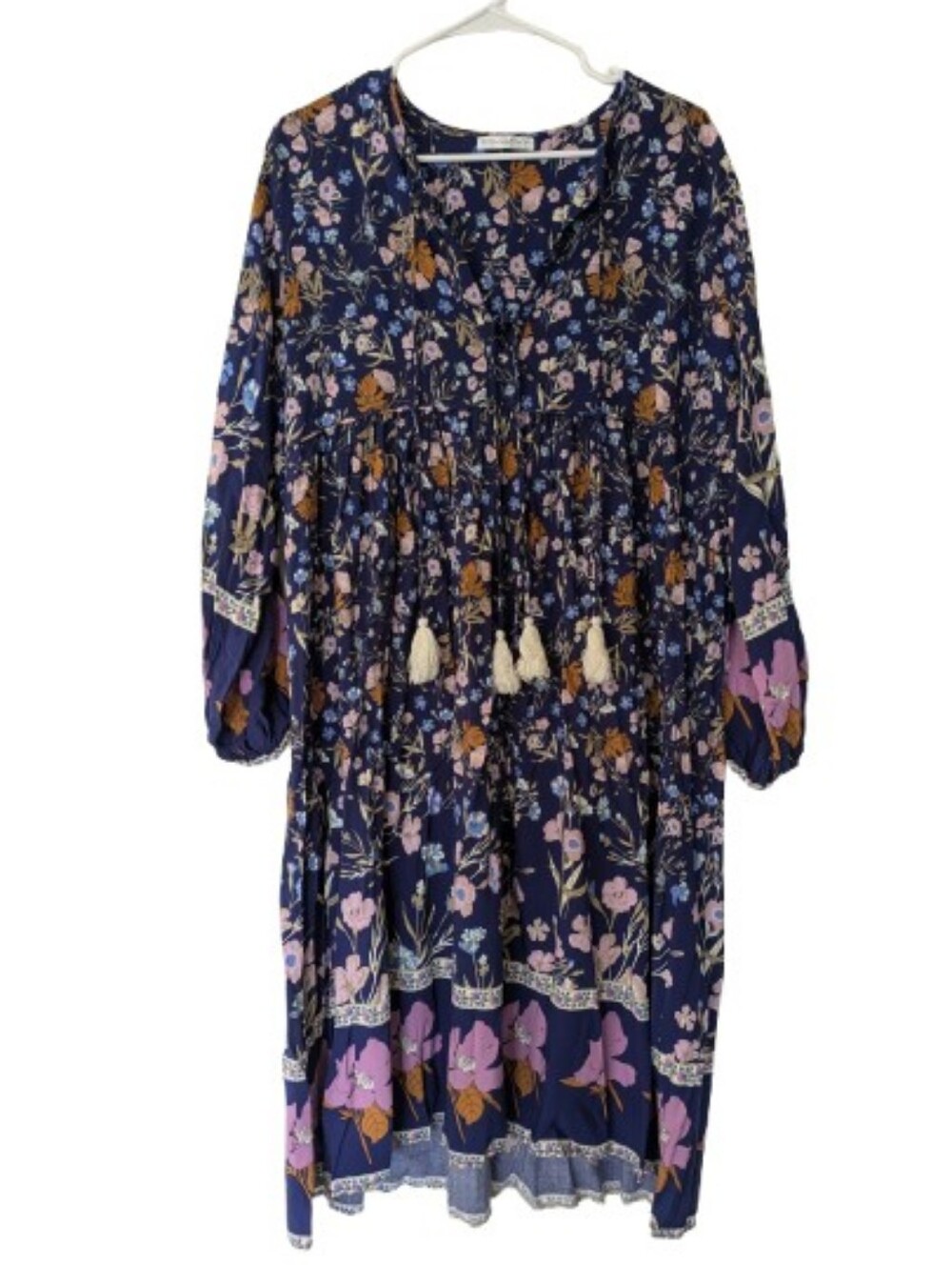 R.Vivimos Long Sleeve Floral Boho Summer Dress Size 2XL Plus Tassles Rayon - Picture 2 of 5